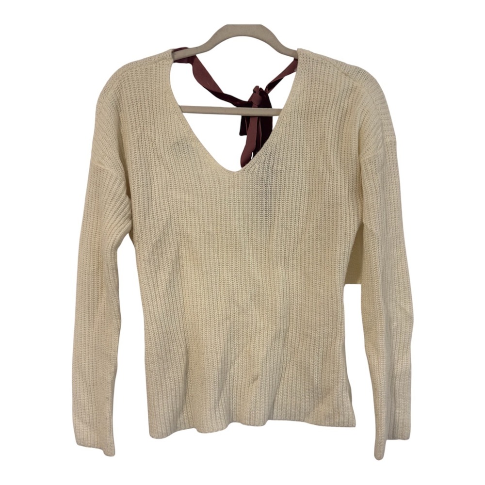 rue21 Womens Small Cream Knit Wrap Back Sweater Burgundy Velvet Tie V-Neck